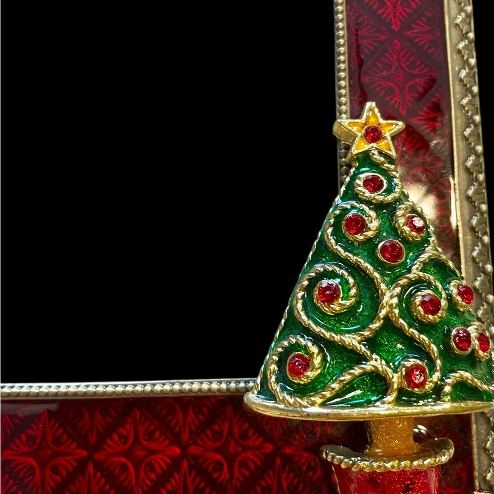 Christmas picture frame, metal, enamel, rhinestones, heavy weight, sturdy